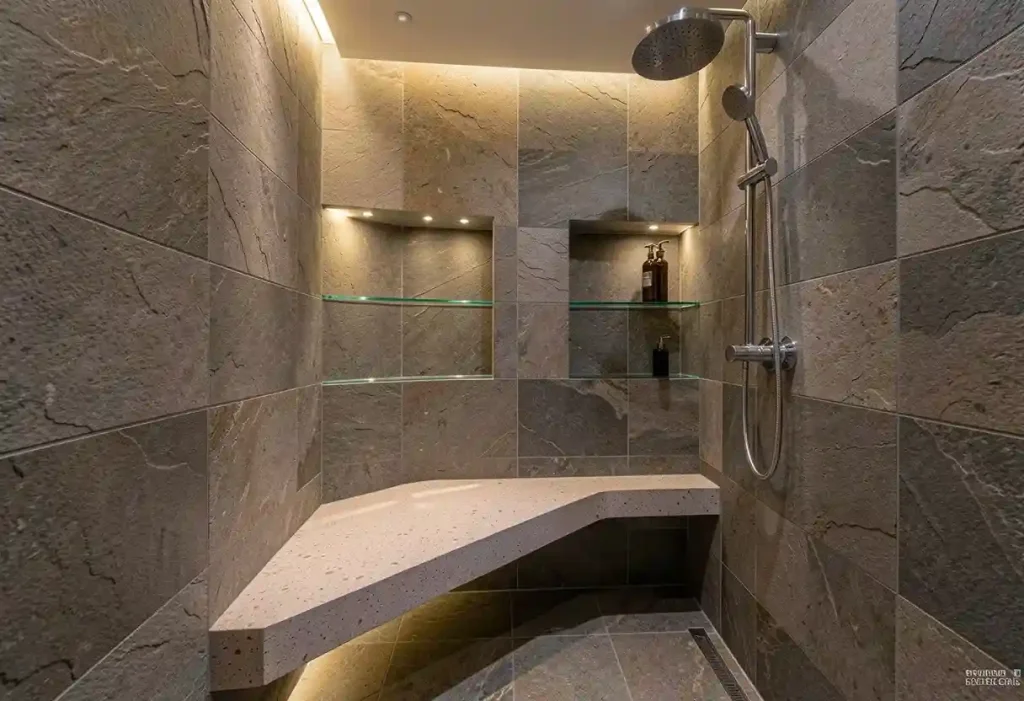 Stunning Shower Remodel Ideas 2026 to Copy 7. floating bench shower concepts