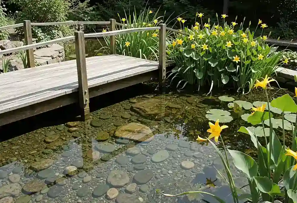 Natural swimming pond featuring organic plant borders and clear chemical-free water