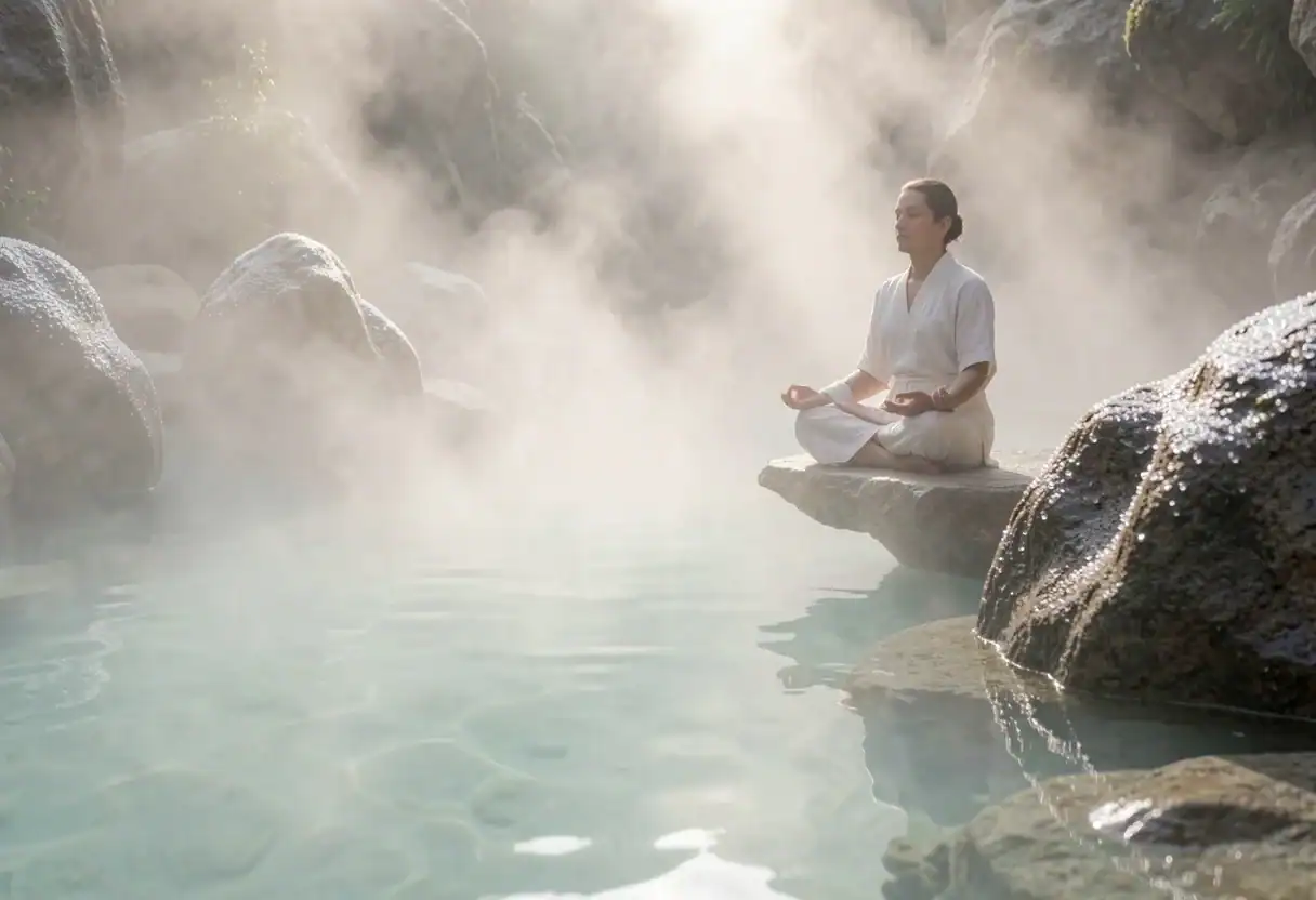 Minimalist wellness pool with stone block accents and ultra-clear mineral water