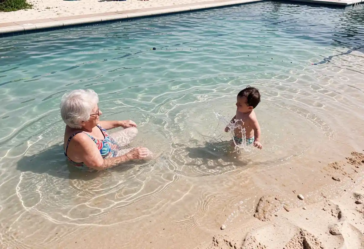 Sloped zero-entry beach pool styled with warm textured stone tiling
