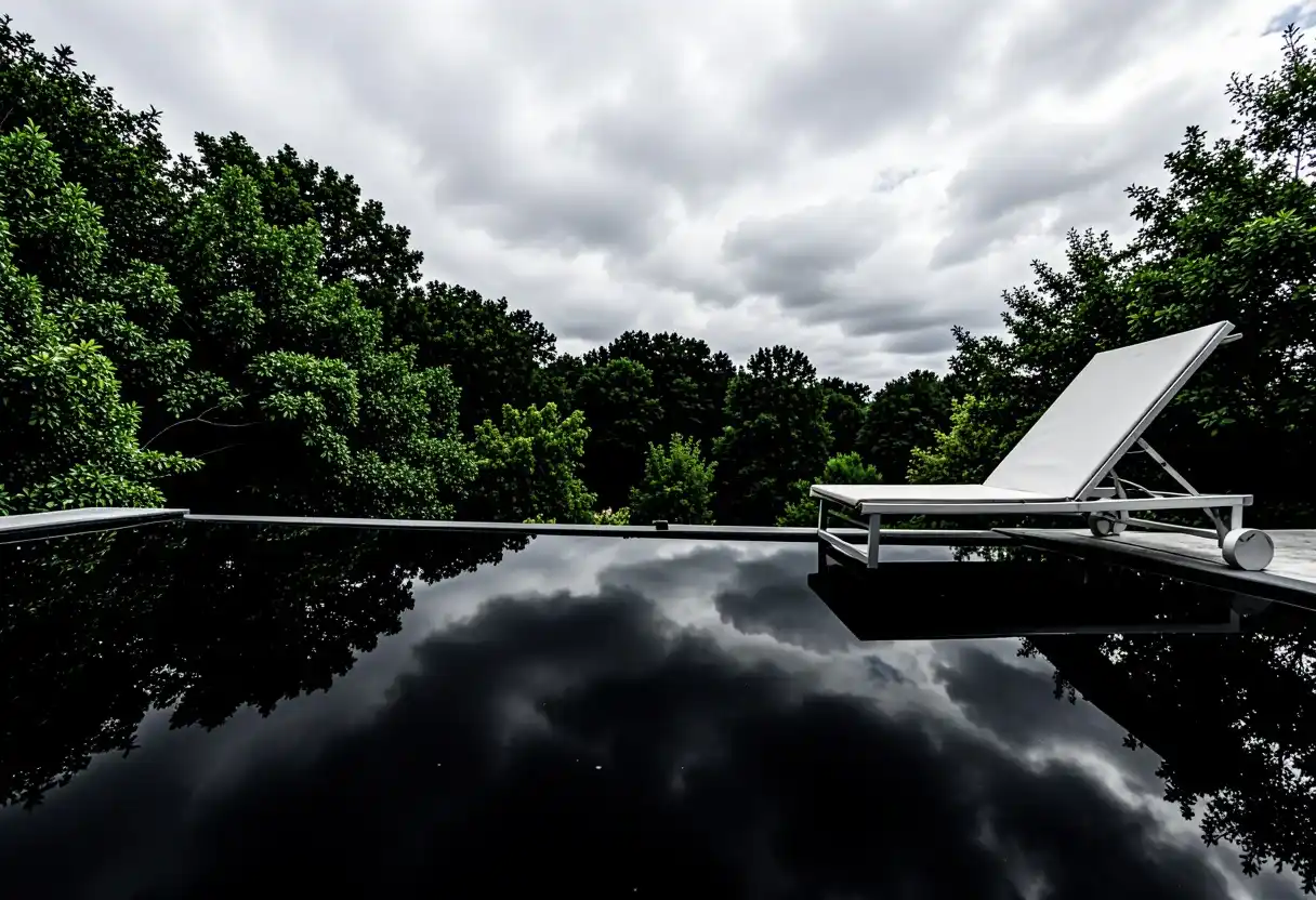 Obsidian black bottom pool reflecting the surrounding garden foliage