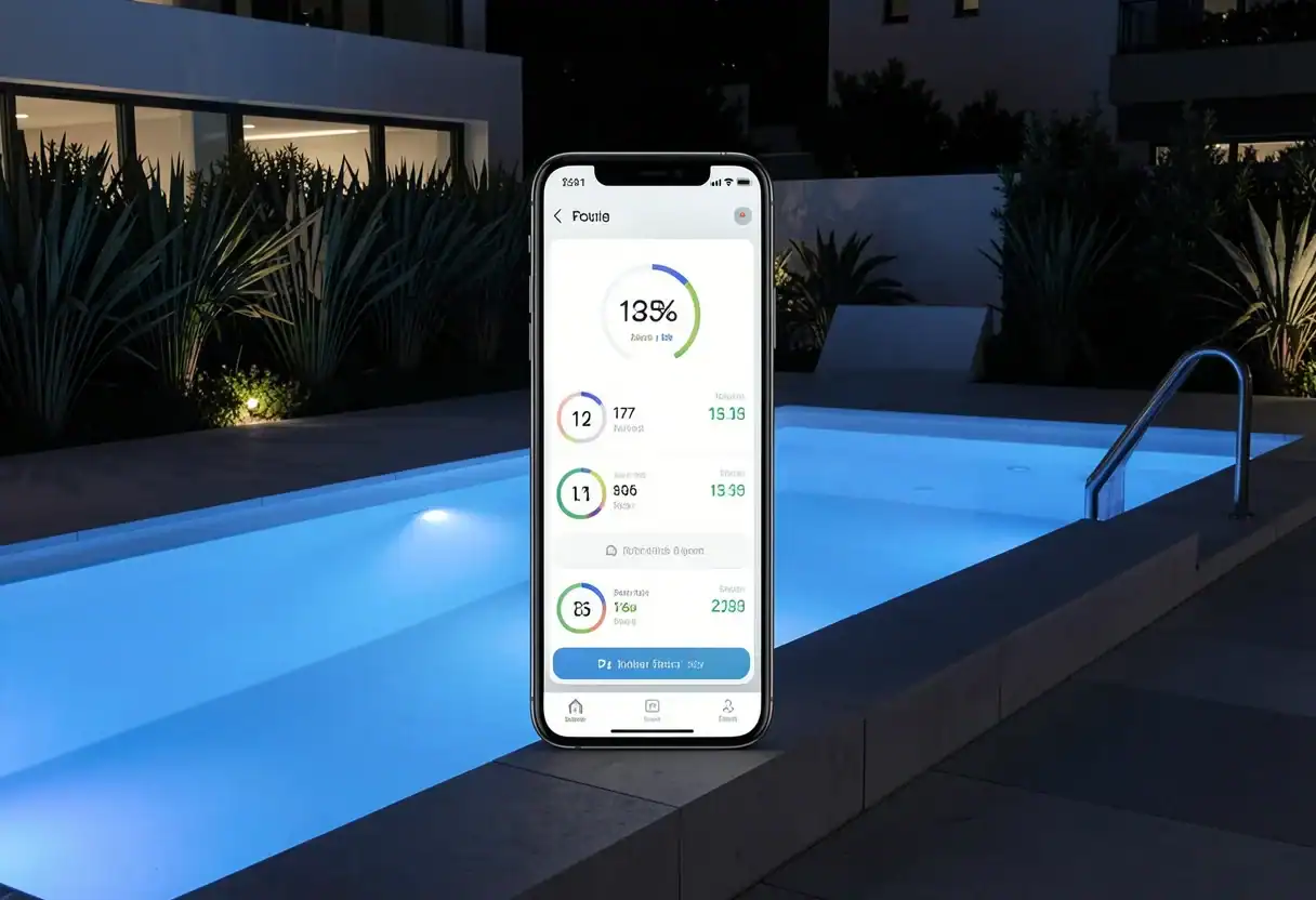 Smart pool at night featuring synchronized LED lighting and minimalist concrete tiling