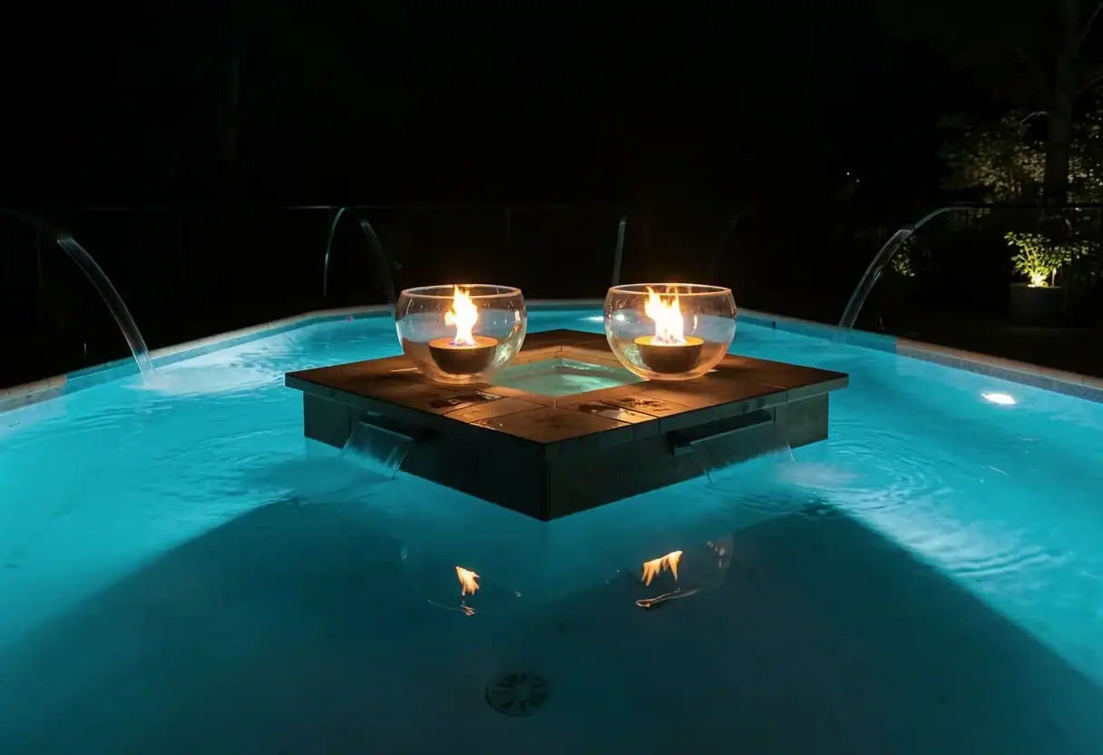 Rectangular luxury pool featuring custom fire pits and integrated waterfalls