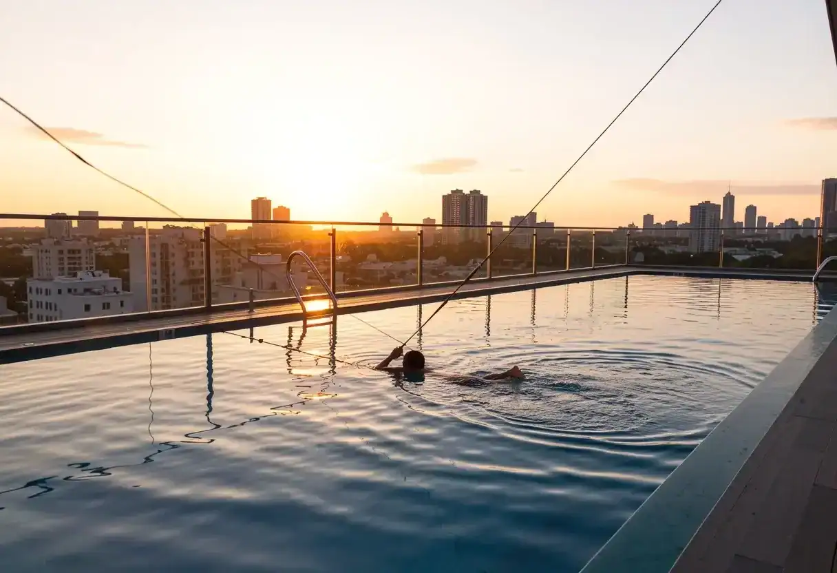Modern rooftop lap pool featuring glass paneled walls and urban city skyline view