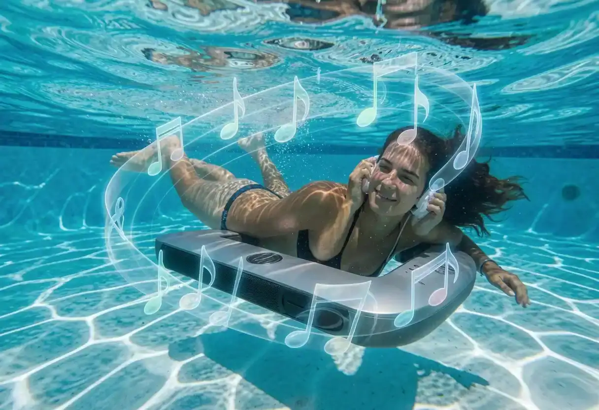 Underwater shot inside a pool demonstrating clear blue water and submerged tile details