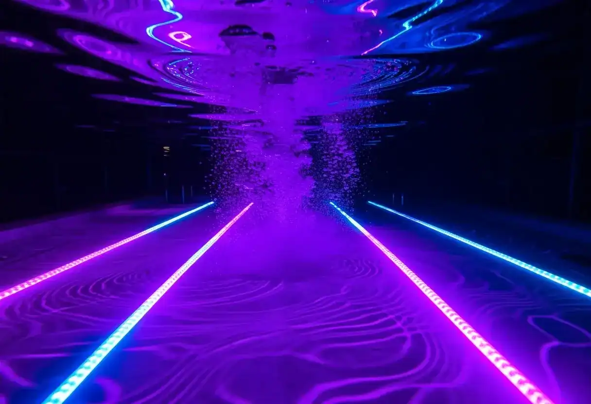 Submerged lighting system producing a soft blue glow inside a luxury swimming pool