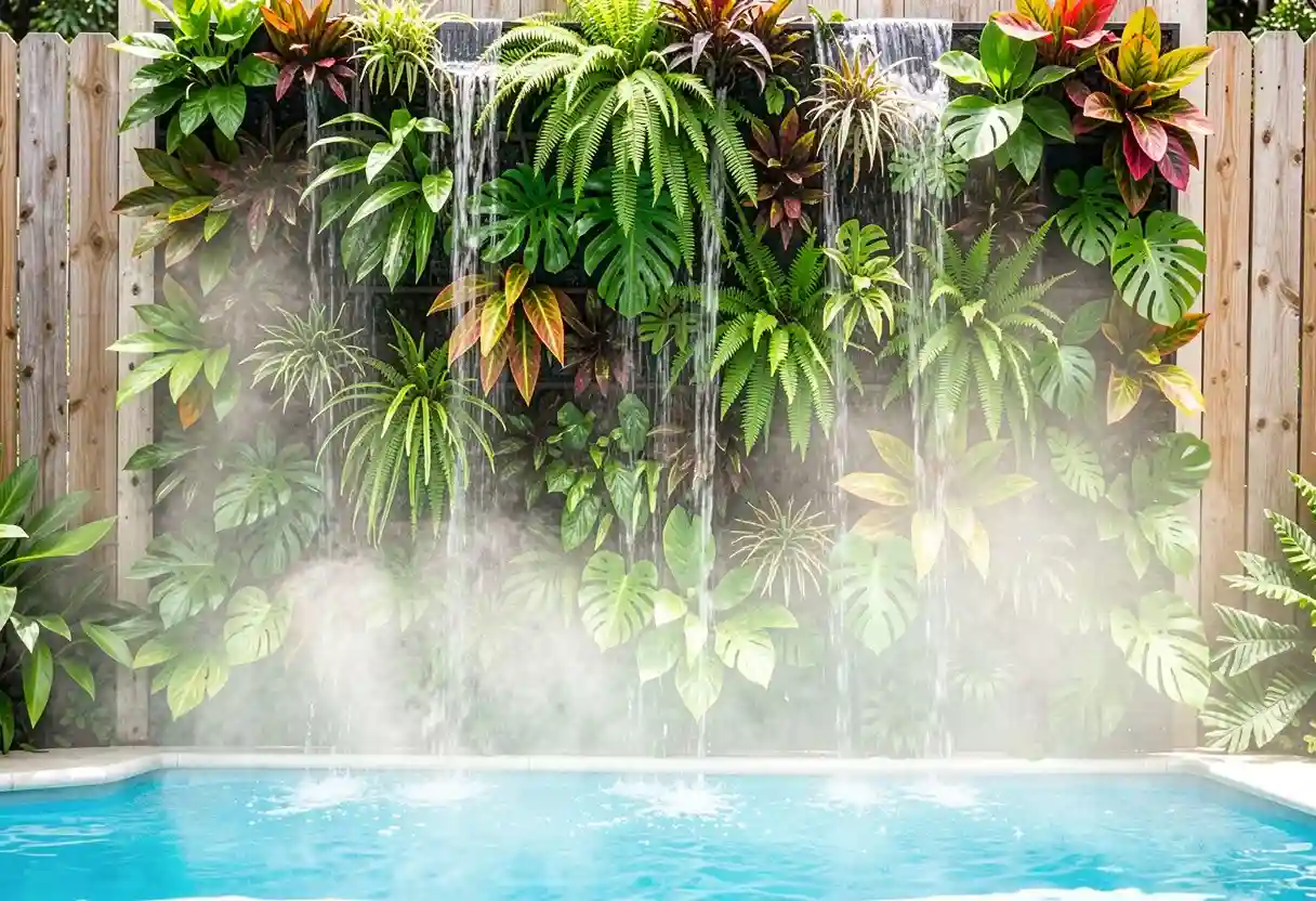 Stunning vertical garden wall cascading beside a modern luxury swimming pool