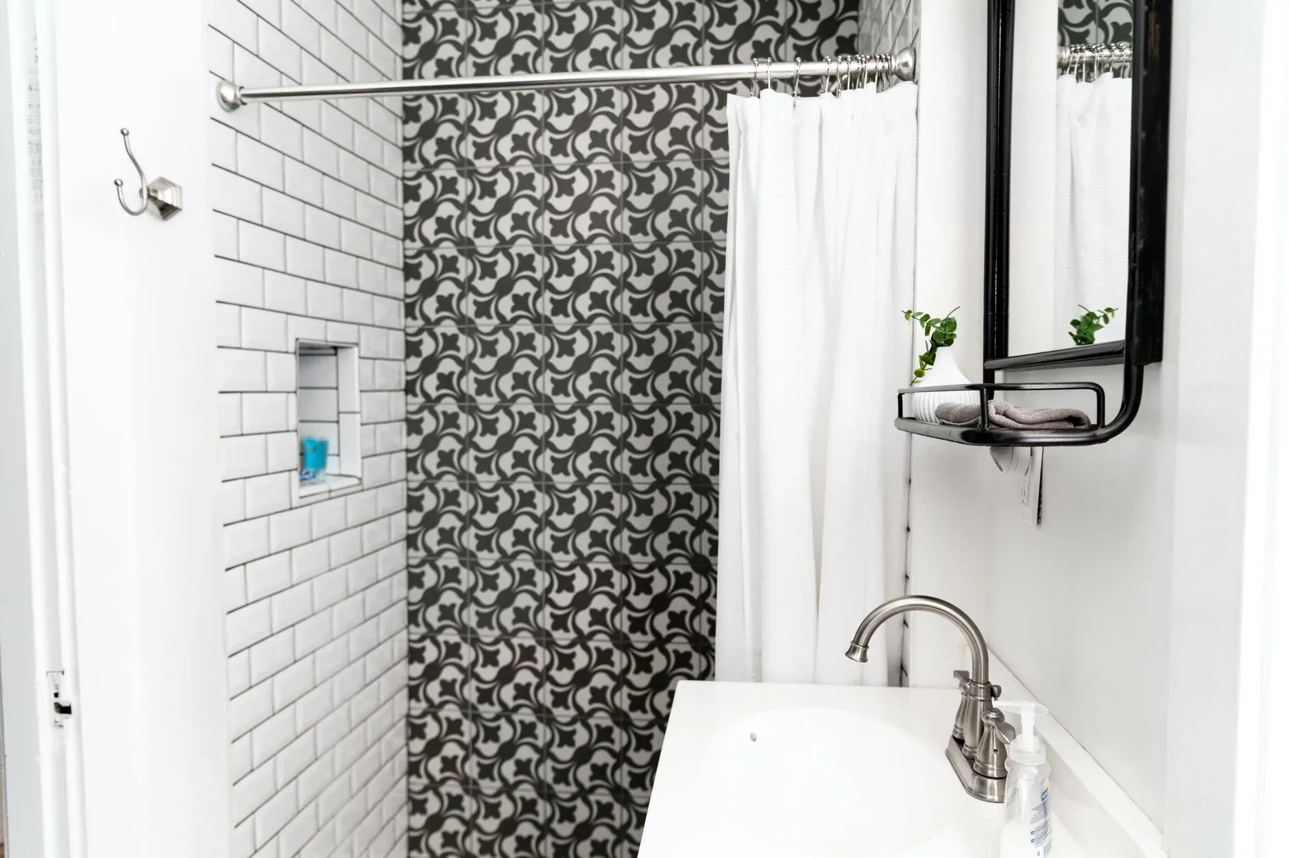 15 White Bathroom Aesthetic Ideas on a Budget Contemporary bathroom interior with brick wall in shower room near washbasin and mirror in house