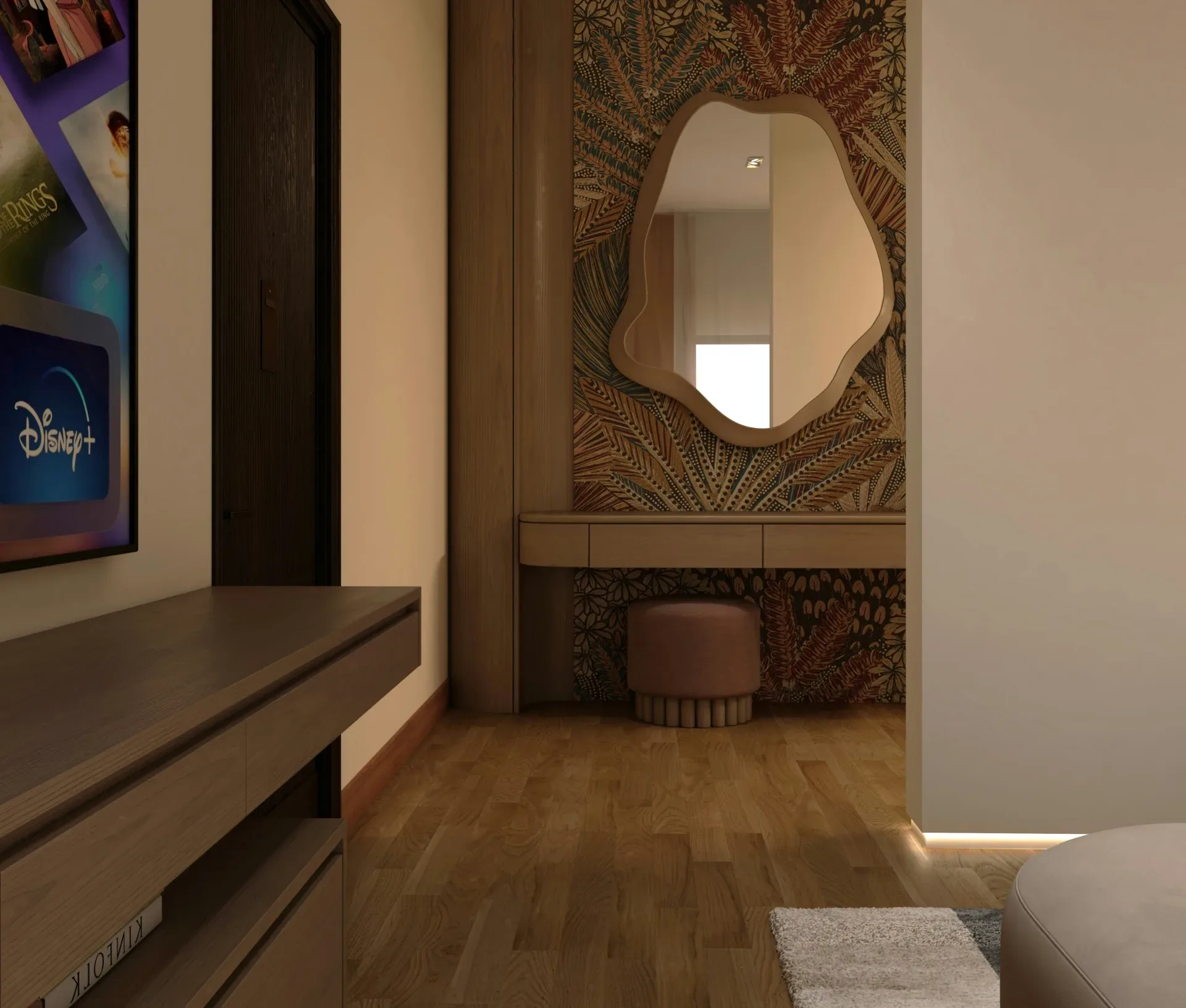 Modern bedroom with tv, wooden dresser, and unique mirror.