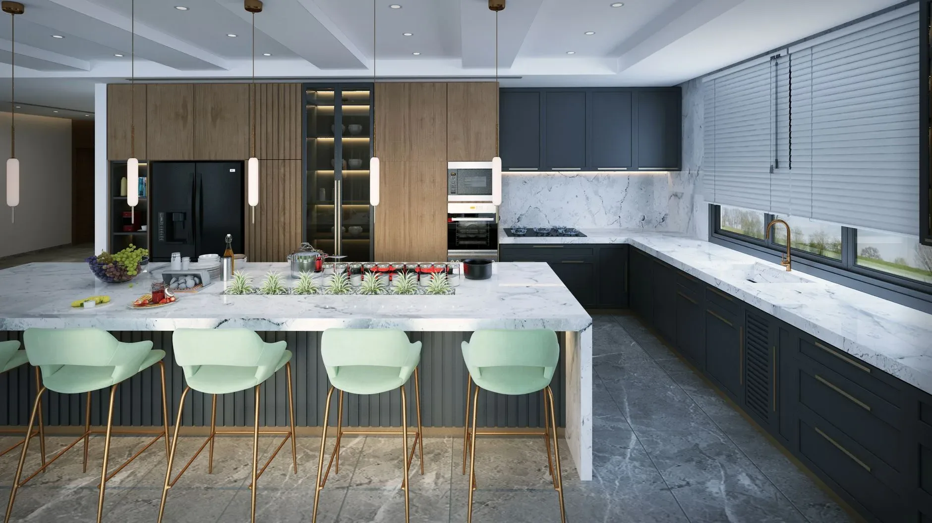 12 Green Kitchen Ideas That Feel Fresh and Modern Spacious modern kitchen featuring marble countertops, mint green bar stools, and elegant pendant lighting.