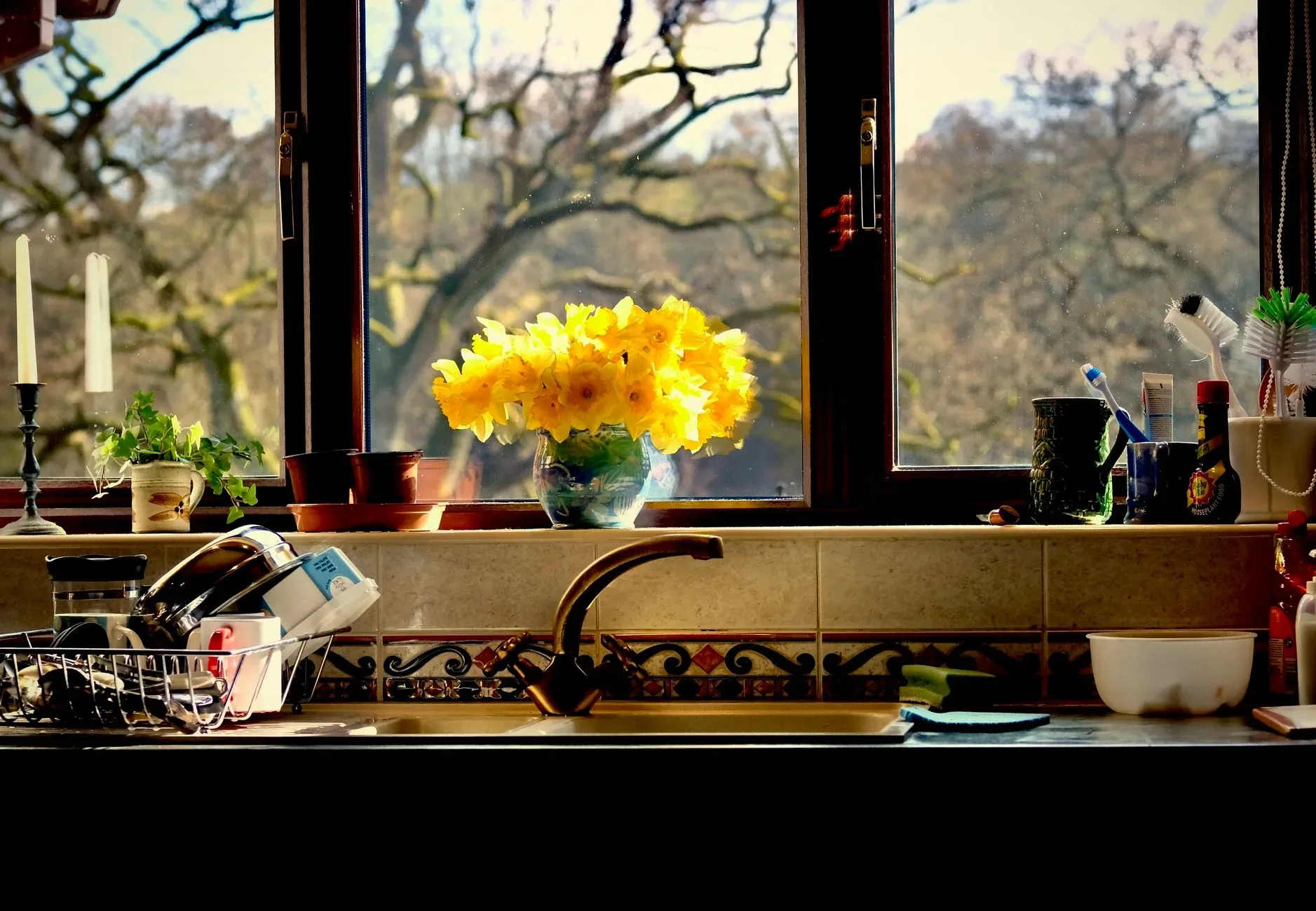 18 Cozy Kitchen Decor Ideas for a Warm Home Sunny kitchen window scene featuring vibrant yellow daffodils and kitchen essentials.