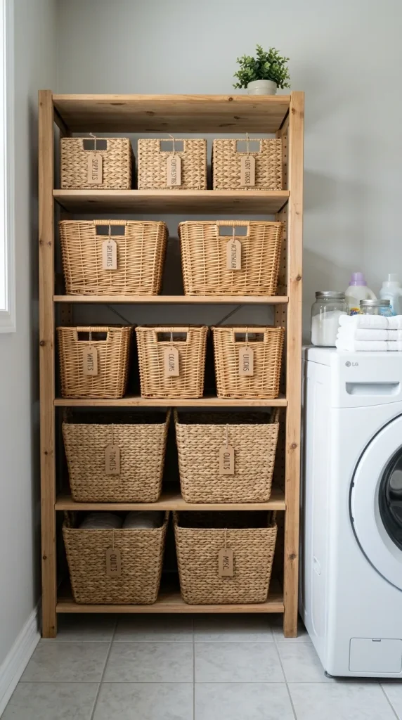 10 Laundry Room Organization Ideas That Change Everything woven baskets shelf laundry orga… 202606281344