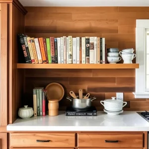 20 Cozy Kitchen Ideas That Make Cooking Feel Like the Best Part of Your Day cozy kitchen cookbooks open shelf counter display styled