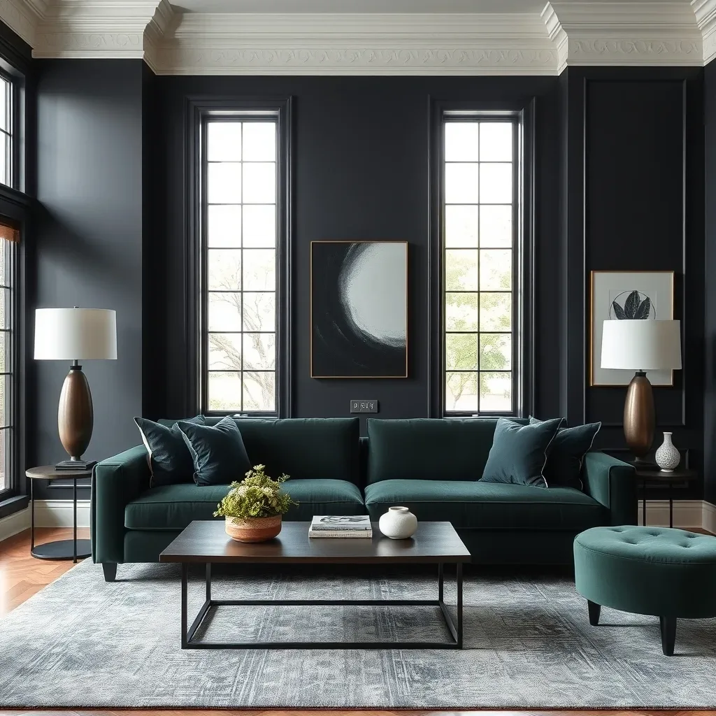 15 High-End Living Room Ideas for Small Spaces dark accent wall small living room charcoal navy forest green sofa luxury