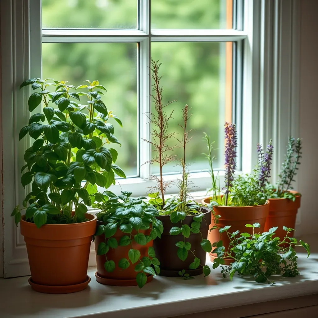 12 Green Kitchen Ideas That Feel Fresh and Modern fresh herb garden green pots kitchen windowsill basil rosemary thyme modern