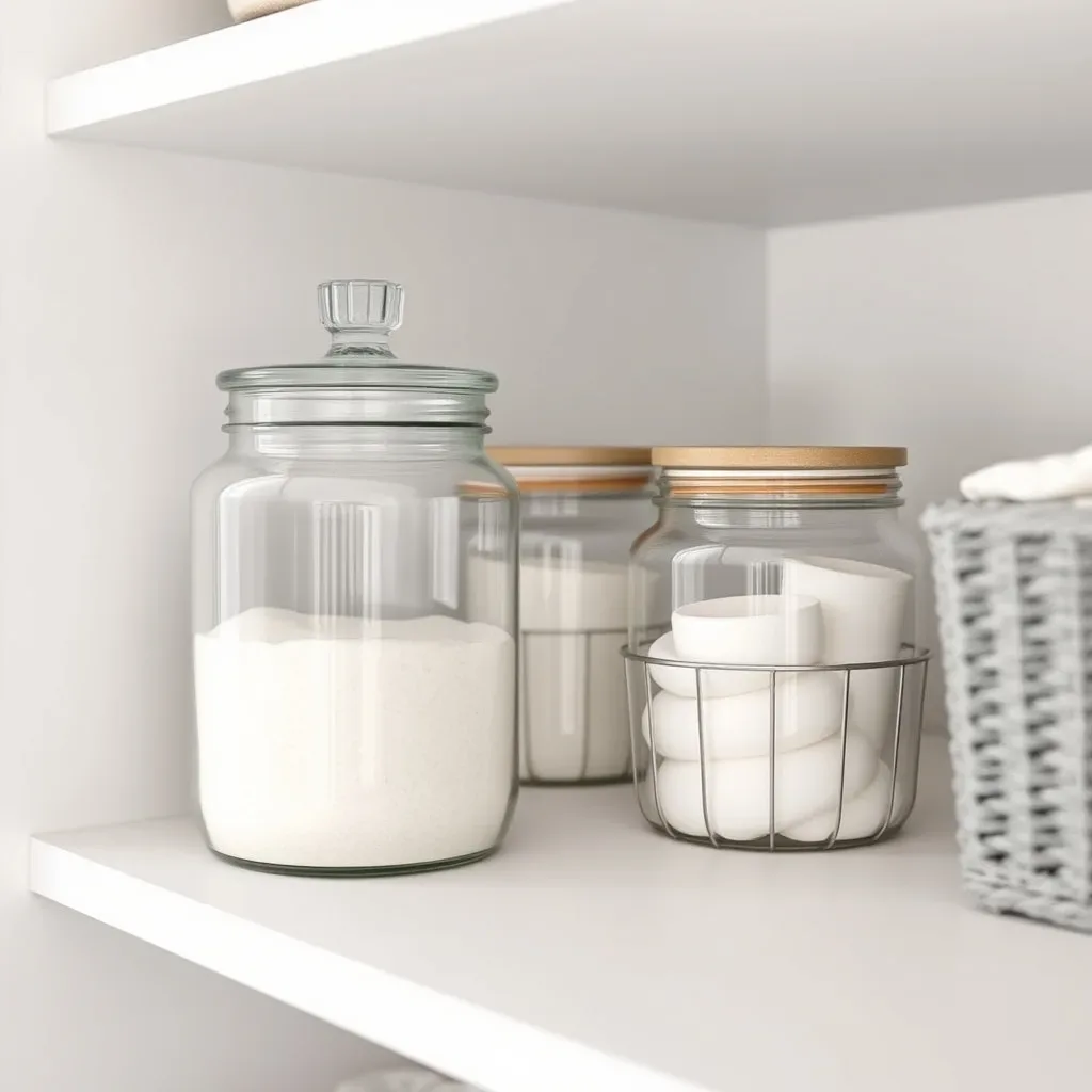 10 Laundry Room Organization Ideas That Change Everything glass jar ceramic canister laundry room detergent decanting organized shelf