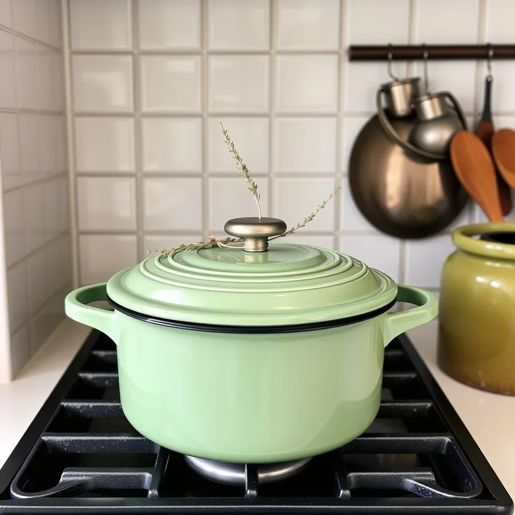 12 Green Kitchen Ideas That Feel Fresh and Modern green dutch oven enamel cookware stove kitchen sage thyme display modern