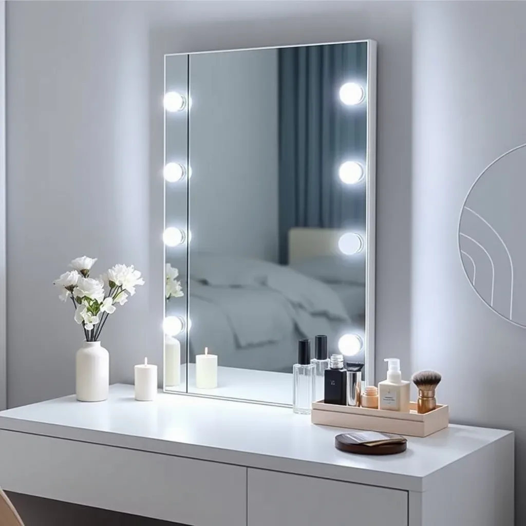 lighted tabletop vanity mirror bedroom dresser glowing makeup