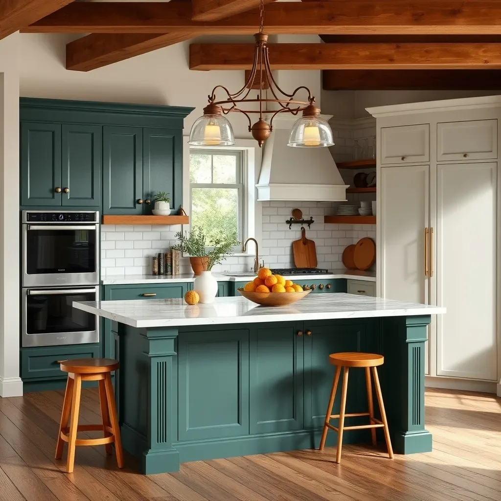 20 Cozy Kitchen Ideas That Make Cooking Feel Like the Best Part of Your Day painted kitchen island contrasting color navy green terracotta cozy