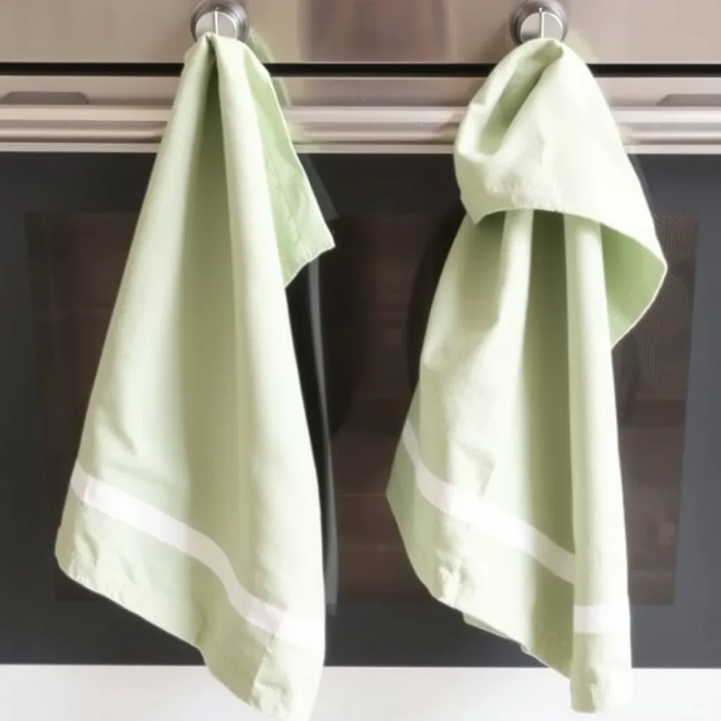 12 Green Kitchen Ideas That Feel Fresh and Modern sage green linen dish towels kitchen oven handle textiles modern farmhouse
