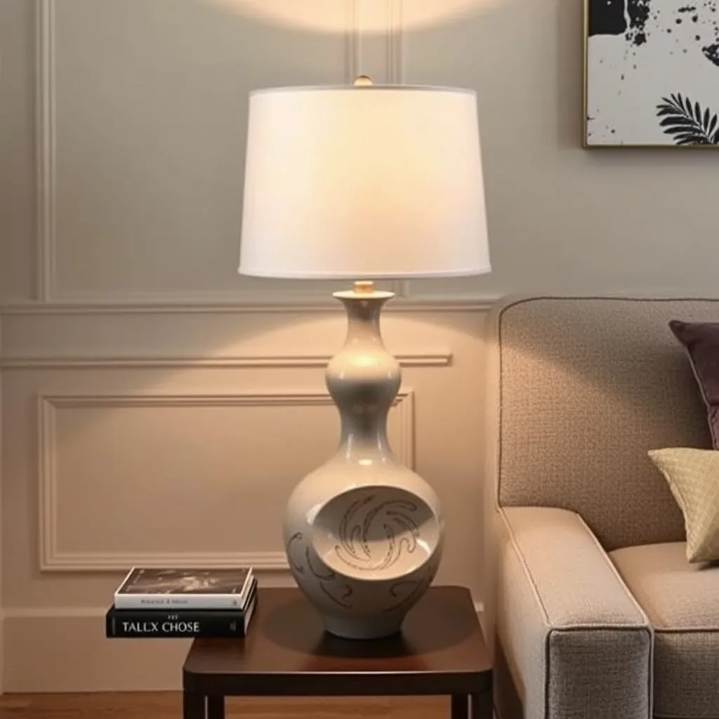 15 High-End Living Room Ideas for Small Spaces sculptural ceramic table lamp side table small living room luxury linen shade