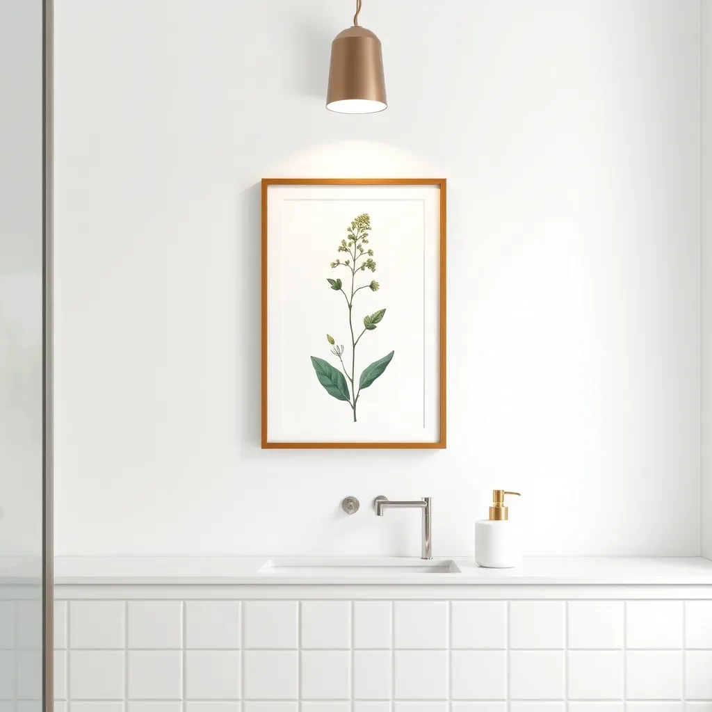 15 White Bathroom Aesthetic Ideas on a Budget small framed botanical print bathroom wall white aesthetic minimal