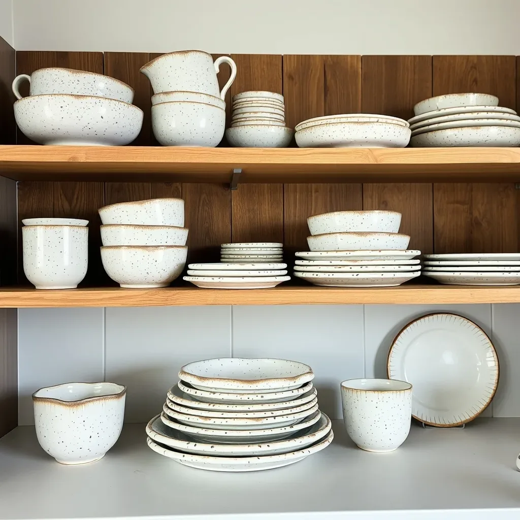18 Cozy Kitchen Decor Ideas for a Warm Home stoneware ceramic dinnerware open shelf cozy kitchen earthy speckled