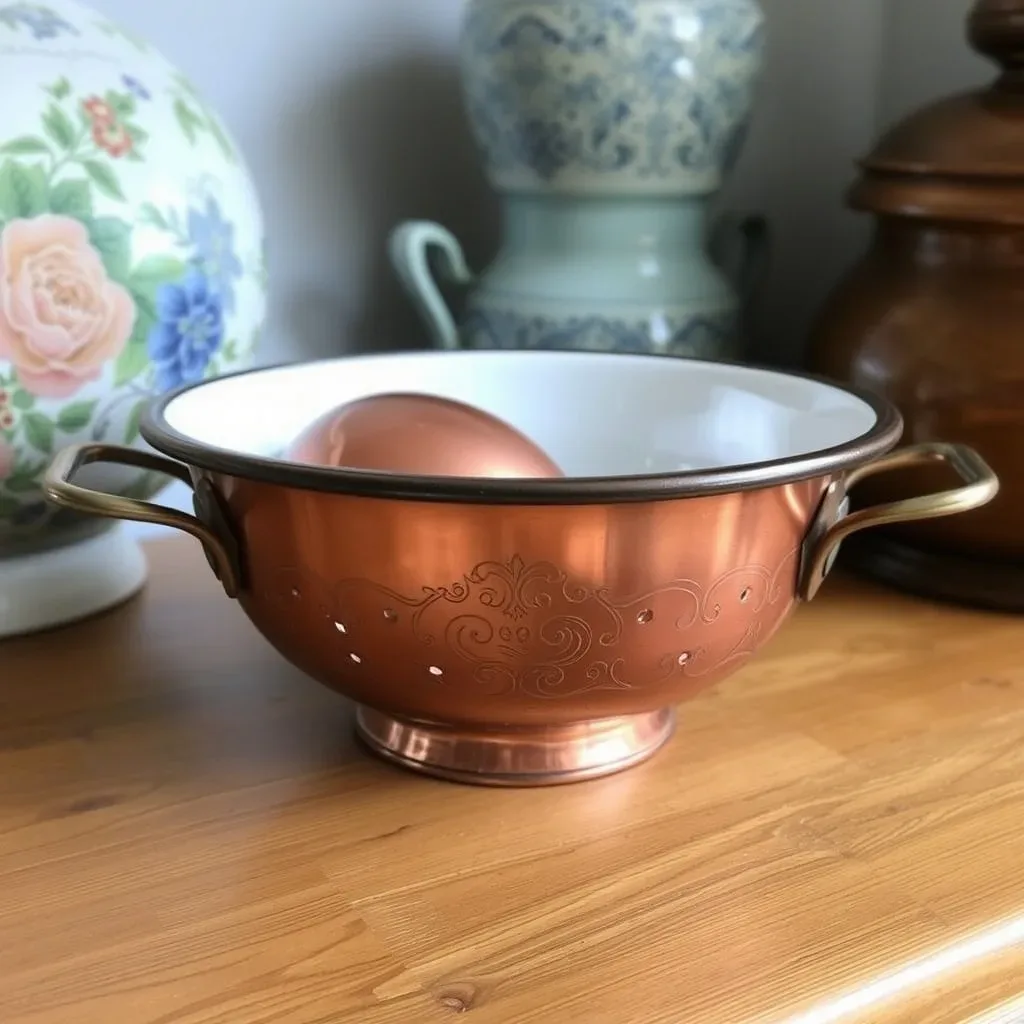 20 Cozy Kitchen Ideas That Make Cooking Feel Like the Best Part of Your Day vintage antique kitchen accessories copper bowl enamel colander cozy