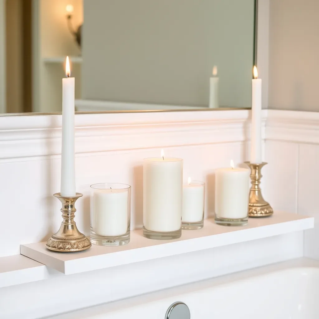 15 White Bathroom Aesthetic Ideas on a Budget white candles glass holders bathroom shelf tub ledge spa aesthetic