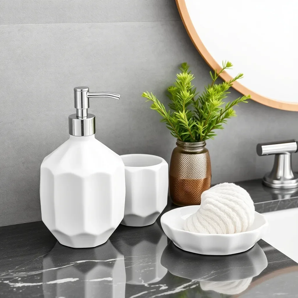 15 White Bathroom Aesthetic Ideas on a Budget white ceramic bathroom accessory set soap dispenser matte vanity