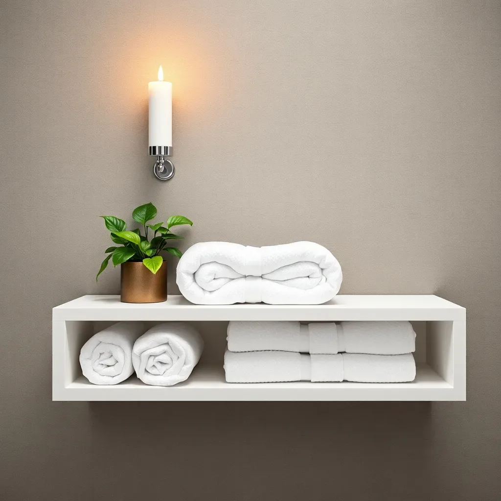 15 White Bathroom Aesthetic Ideas on a Budget white floating shelf bathroom styled towels plant candle aesthetic