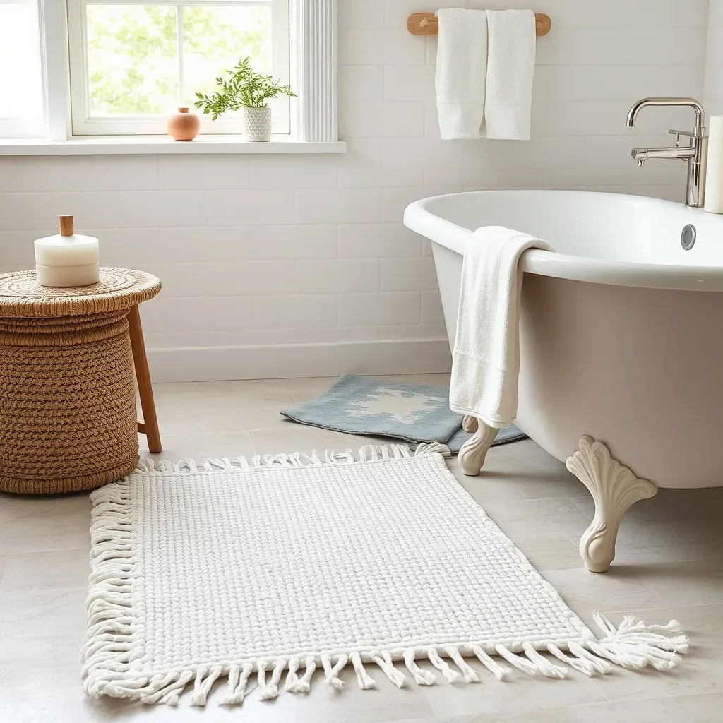 15 White Bathroom Aesthetic Ideas on a Budget white woven cotton bath mat bathroom floor natural texture spa