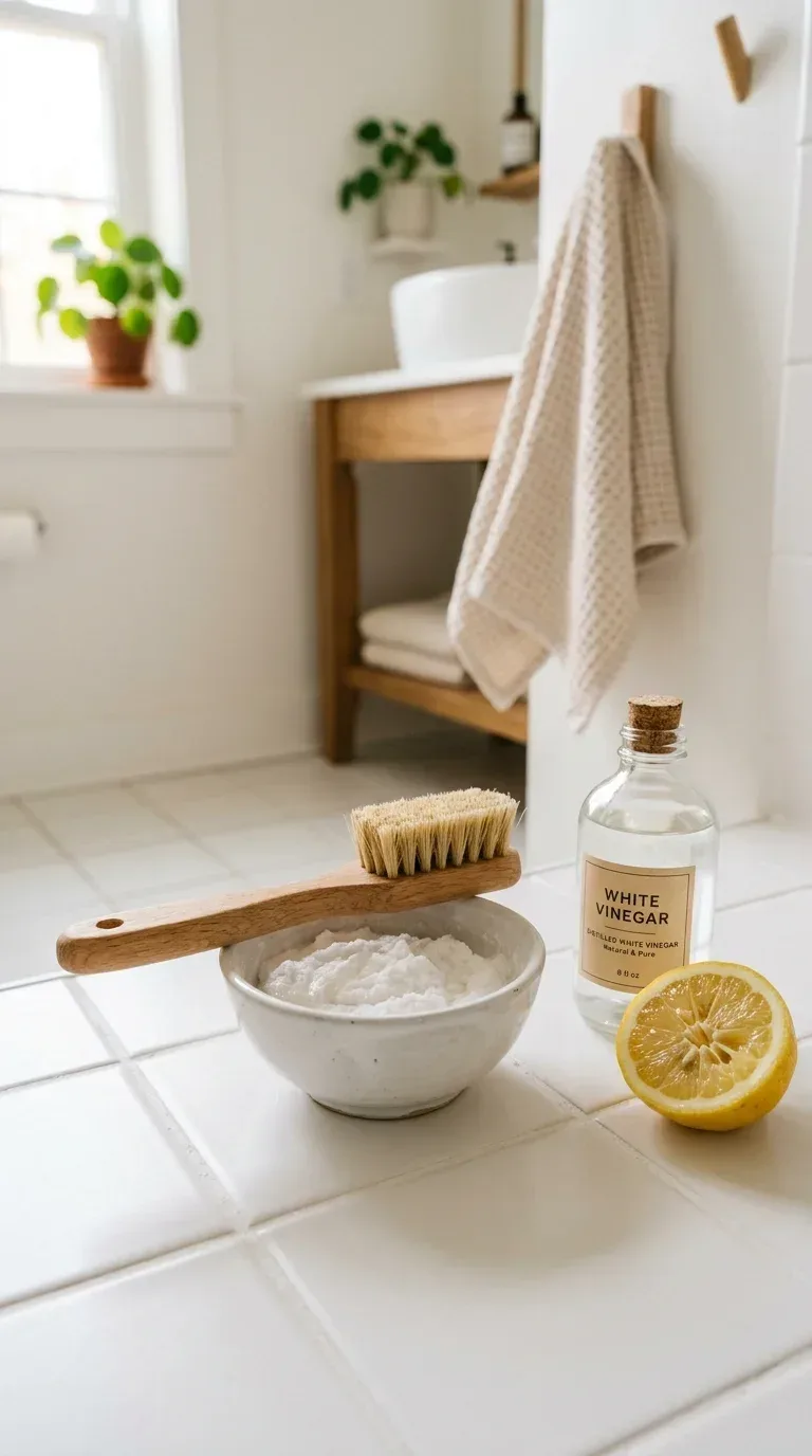 A small bowl of baking soda paste with a cleaning brush beside white bathroom tile grout