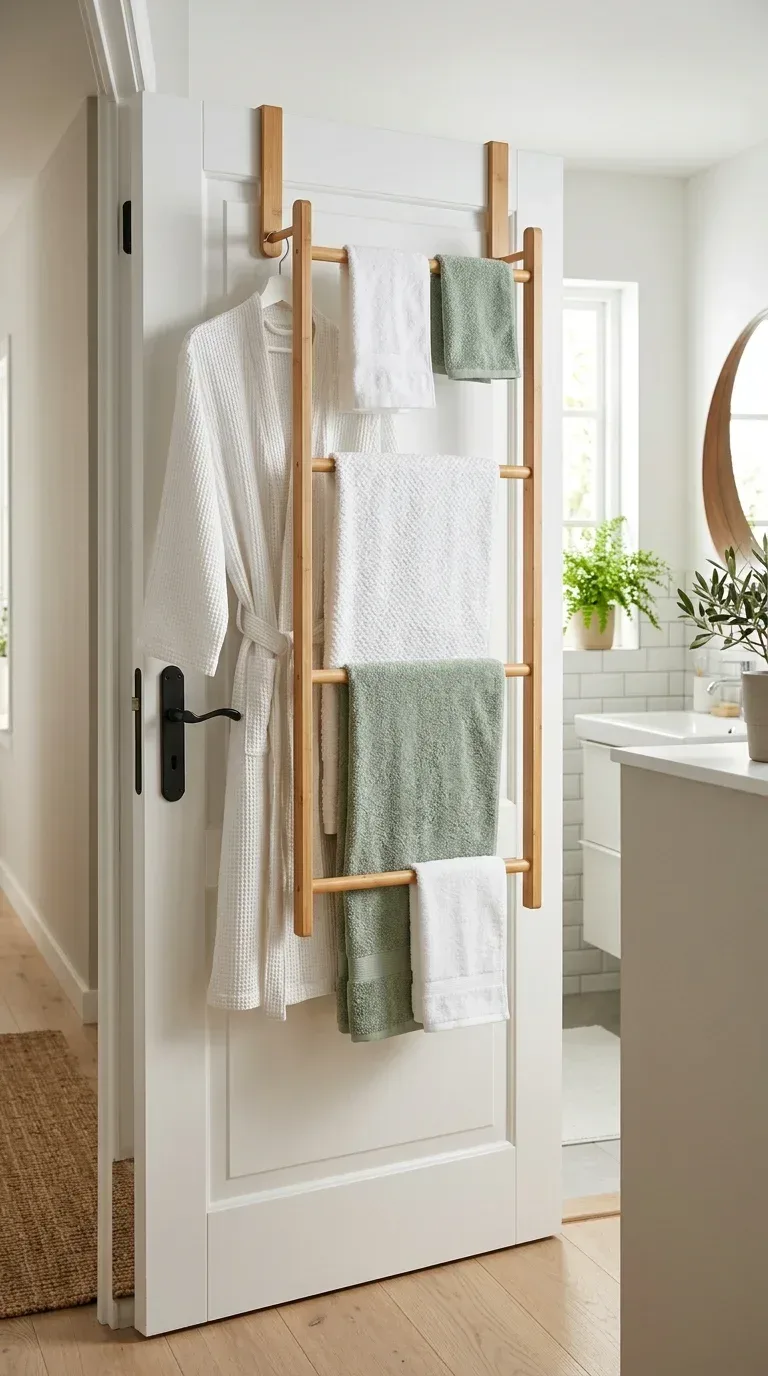 15 Bathroom Towel Decor Ideas That Make Your Space Look Like a Luxury Hotel A natural bamboo over-the-door towel rack on a white bathroom door holding white and sage towels