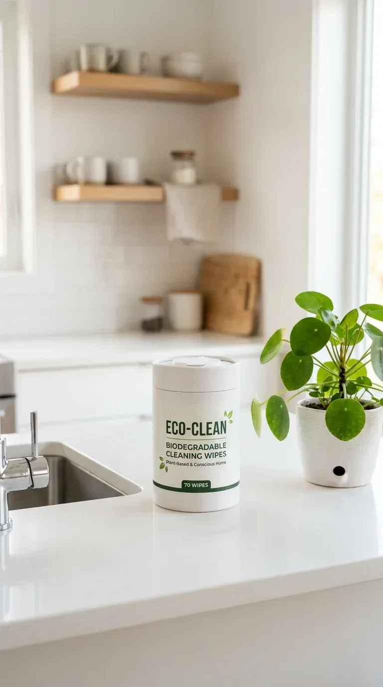 A pack of biodegradable cleaning wipes beside a clean kitchen counter during quick daily tidying