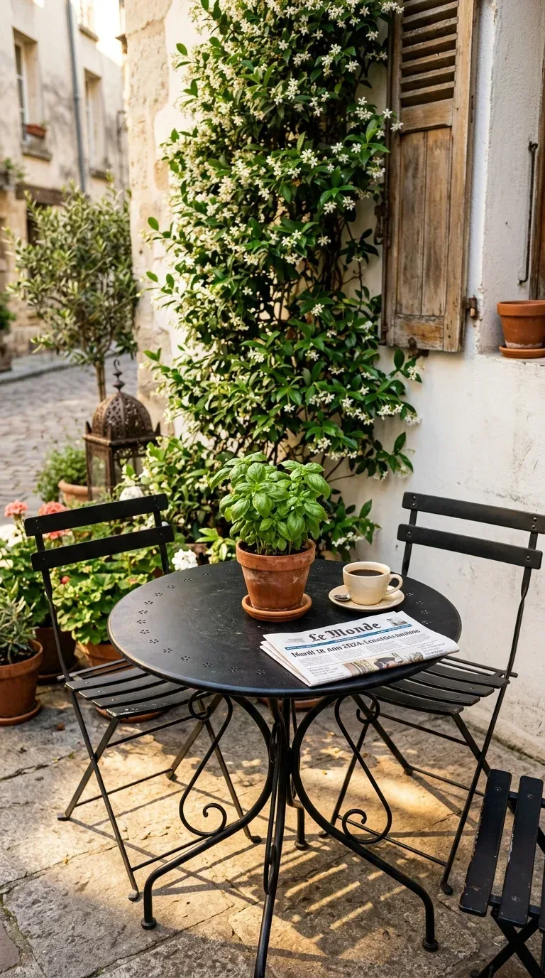 A black metal bistro table and two chairs creating a charming cafe corner on a small patio