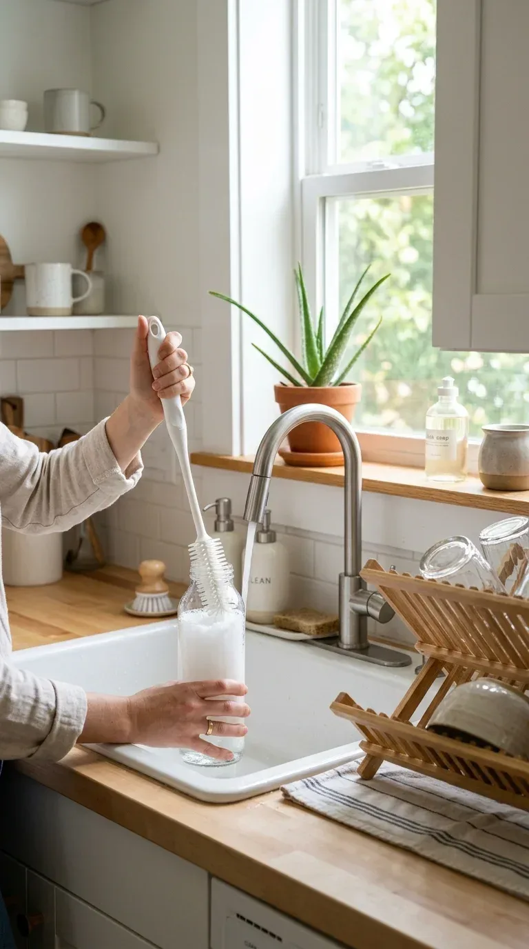 A long flexible bottle brush cleaning a tall glass water bottle at a bright kitchen sink