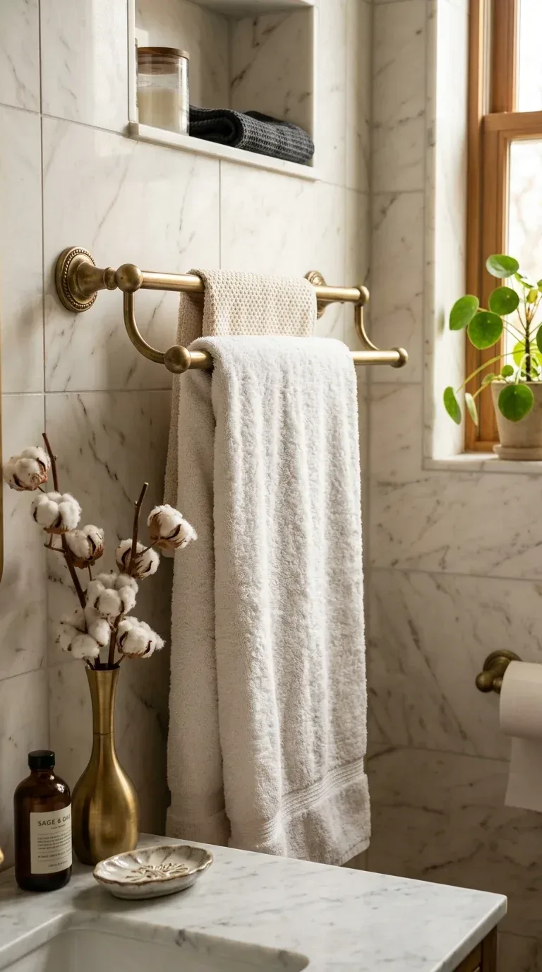 15 Bathroom Towel Decor Ideas That Make Your Space Look Like a Luxury Hotel A brushed gold bathroom towel bar with a white fluffy bath towel on white tile wall