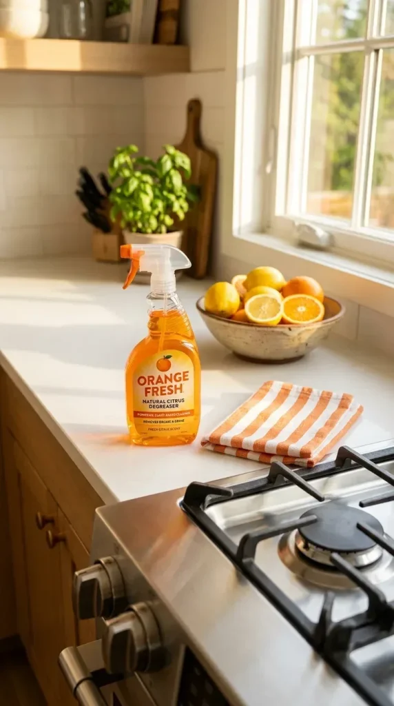 A natural citrus degreaser spray bottle beside a gleaming clean kitchen stovetop after cleaning