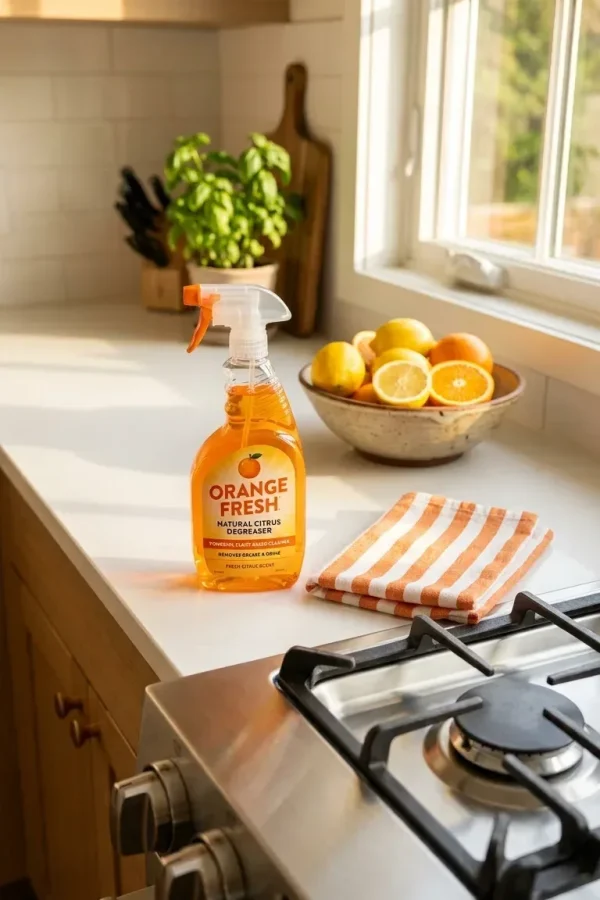 A natural citrus degreaser spray bottle beside a gleaming clean kitchen stovetop after cleaning