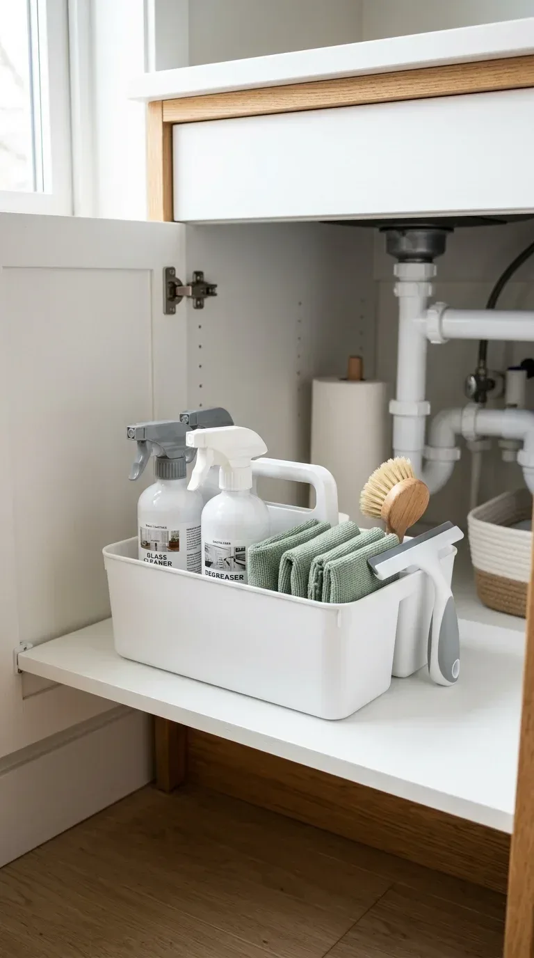 A neatly organized cleaning caddy with spray bottles and cloths under a kitchen sink