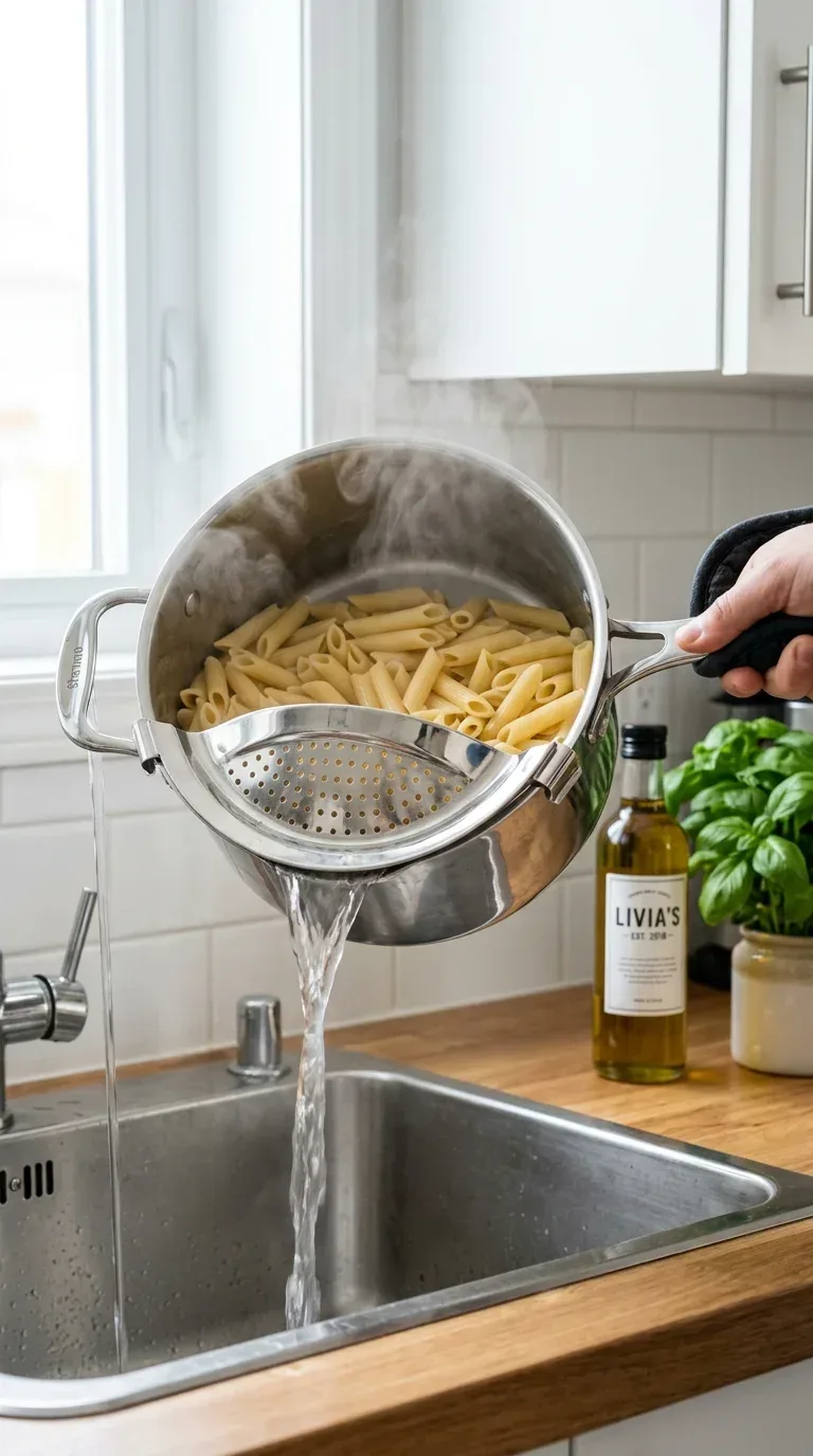 20 Cool Kitchen Gadgets for Small Space Cooking A stainless steel clip-on strainer attached to a silver pot draining steaming pasta