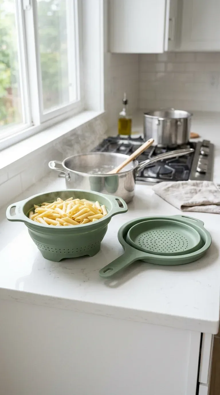 20 Cool Kitchen Gadgets for Small Space Cooking A sage green collapsible silicone colander shown open draining pasta beside its collapsed flat form