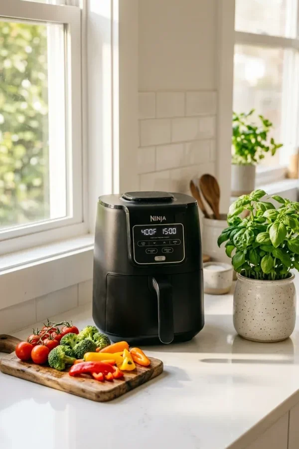 A sleek compact air fryer on a white kitchen counter beside fresh colourful vegetables