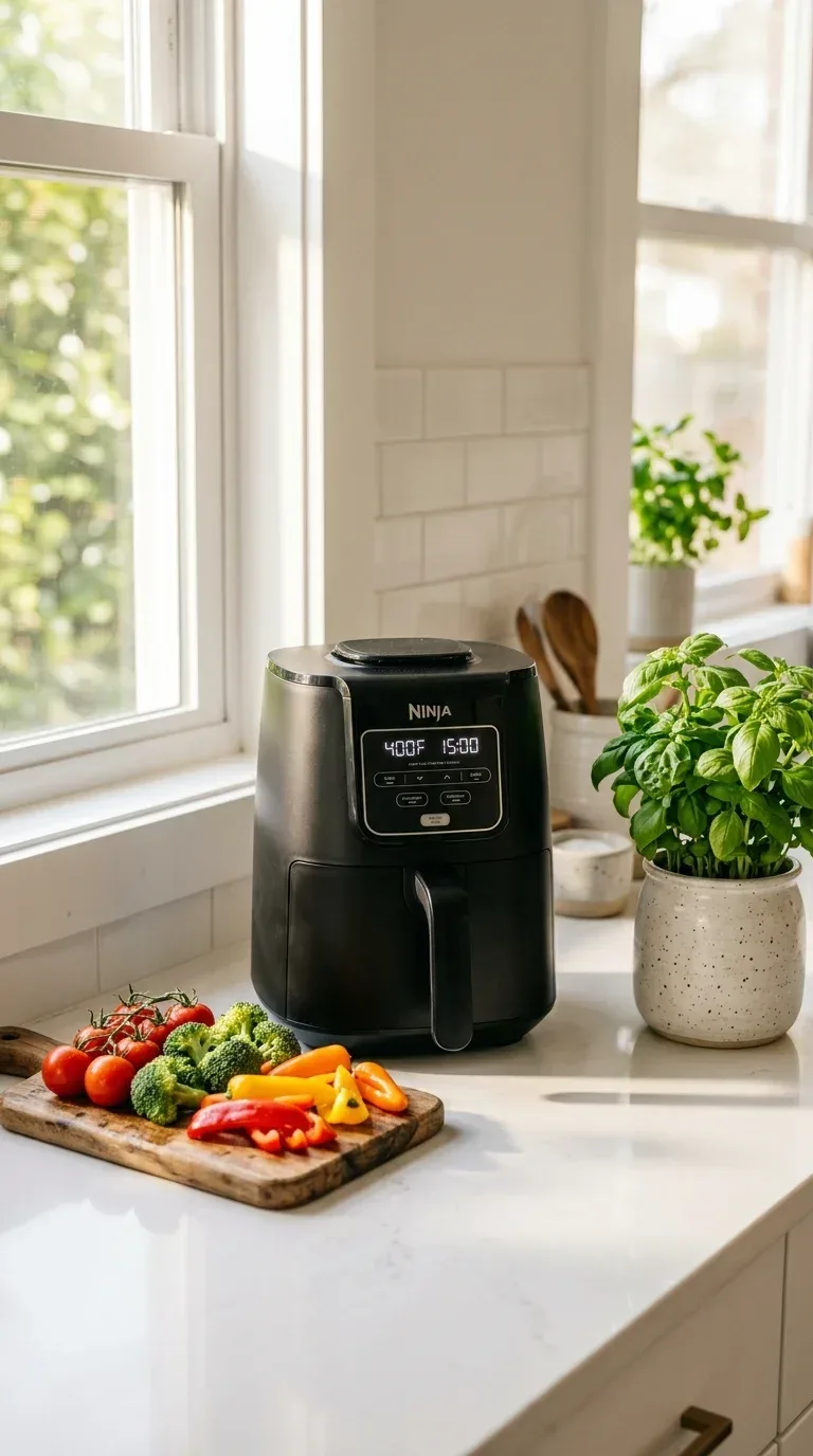 20 Cool Kitchen Gadgets for Small Space Cooking A sleek compact air fryer on a white kitchen counter beside fresh colourful vegetables