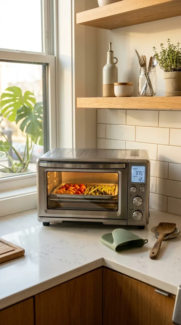 20 Cool Kitchen Gadgets for Small Space Cooking A compact stainless steel multifunction toaster oven on a small kitchen counter with roasted vegetables inside