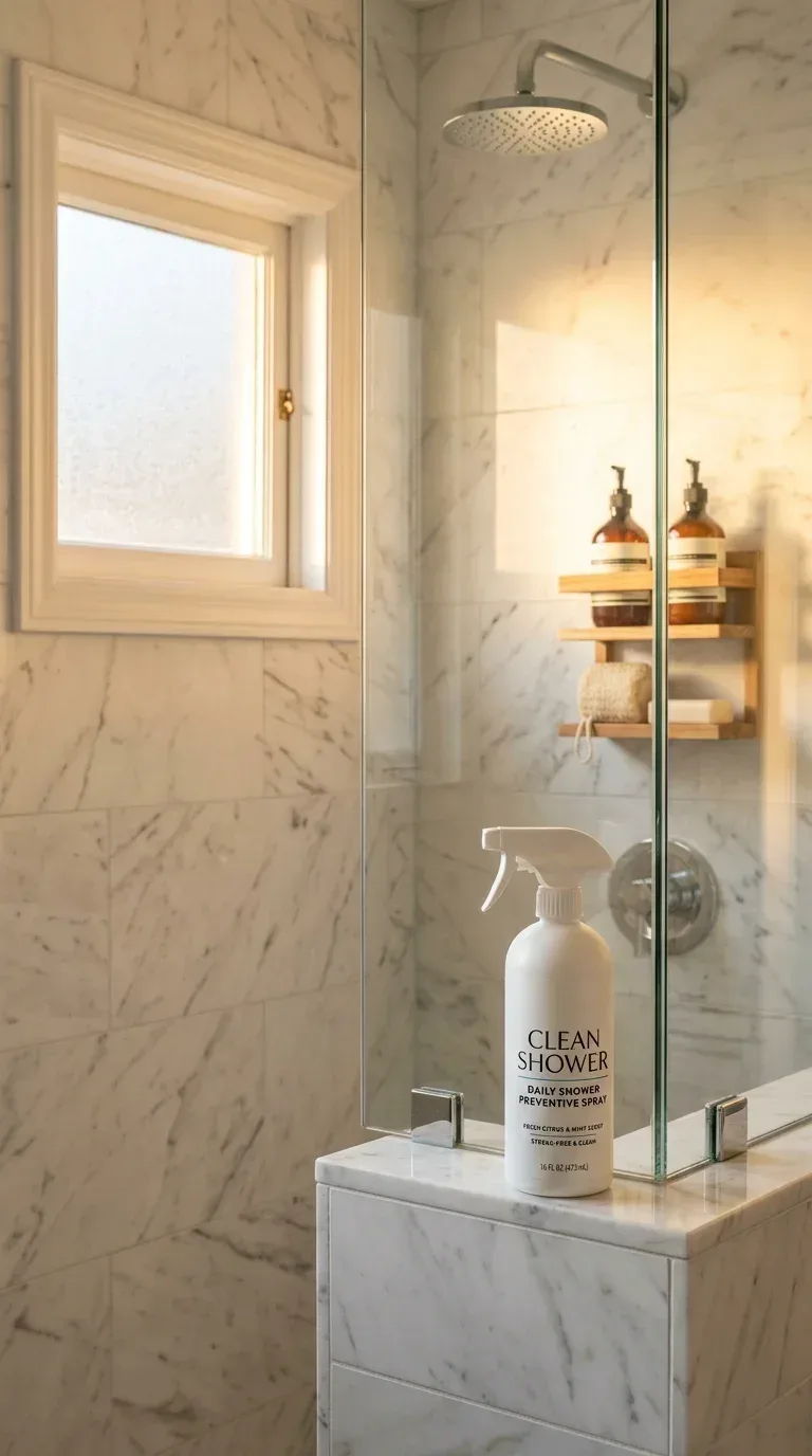 A daily shower spray bottle on the edge of a spotless glass shower enclosure in a small bathroom