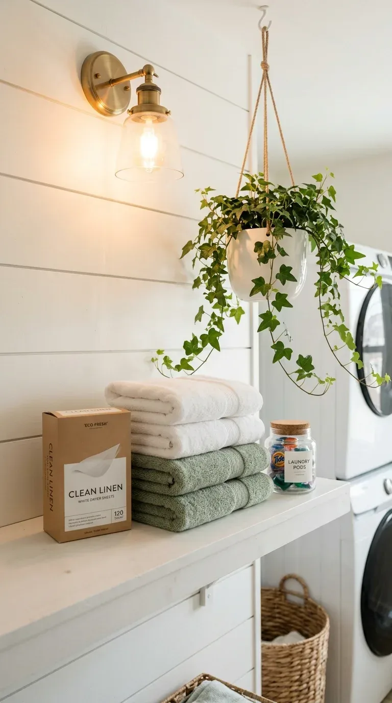 A neat box of white dryer sheets beside a clean laundry shelf with folded white towels