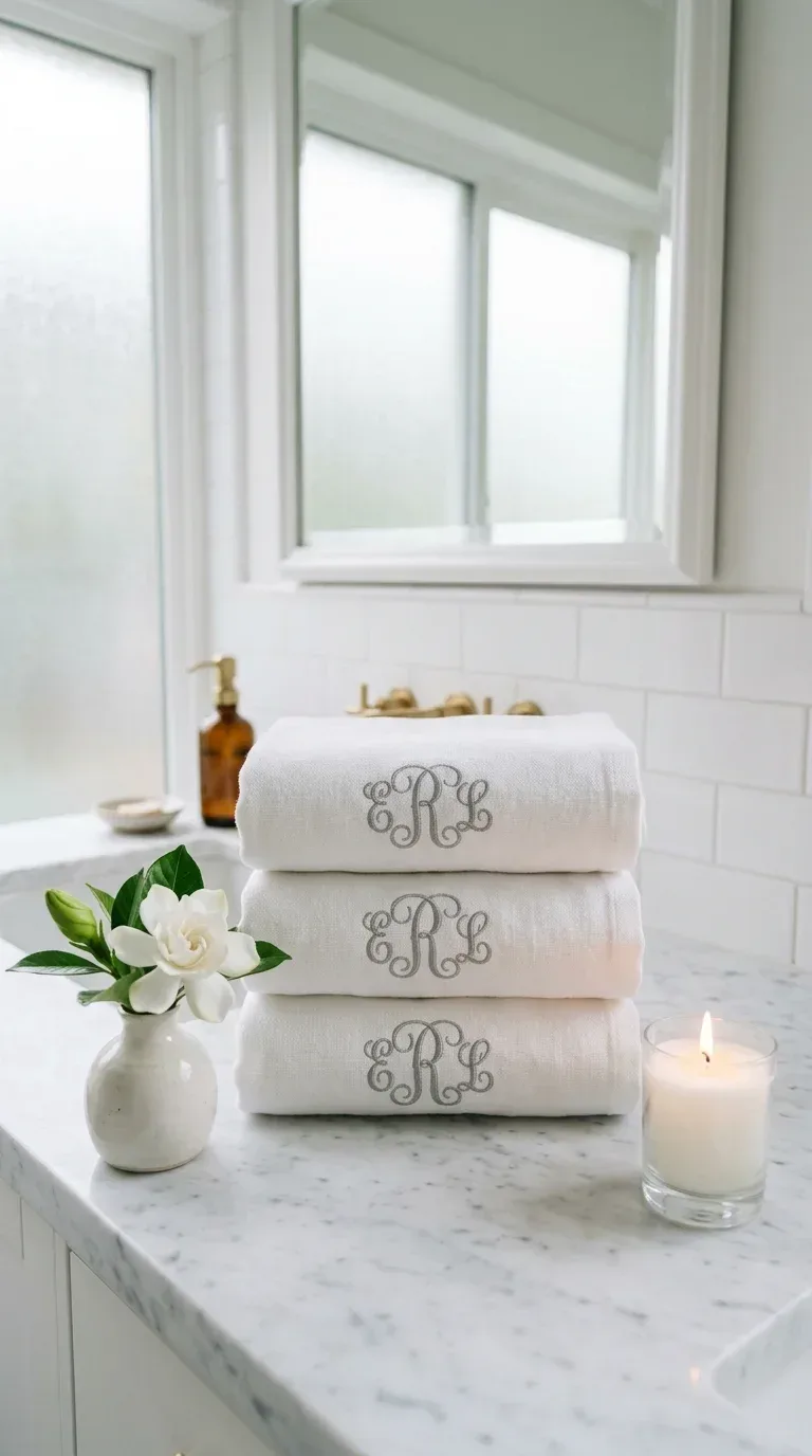 15 Bathroom Towel Decor Ideas That Make Your Space Look Like a Luxury Hotel A set of white embroidered monogram hand towels folded neatly on a marble bathroom vanity