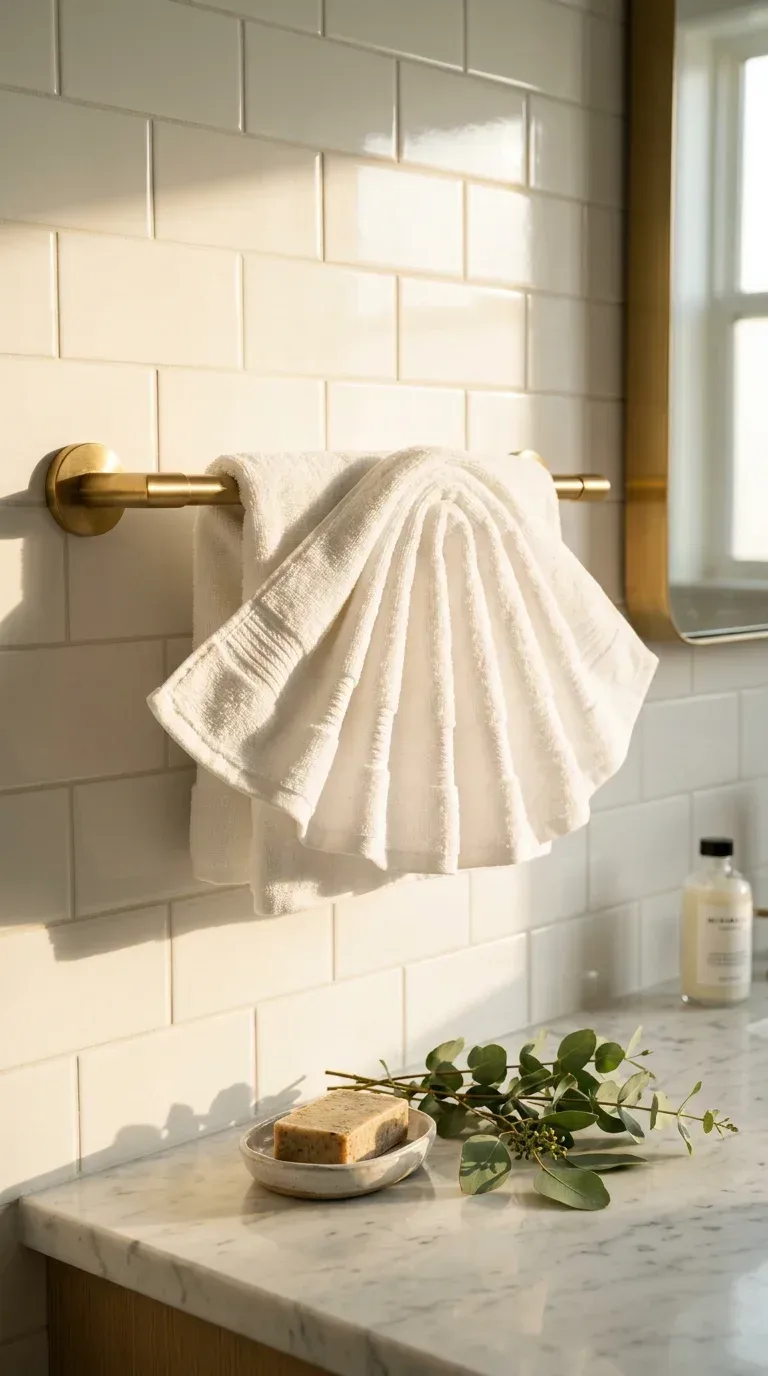 15 Bathroom Towel Decor Ideas That Make Your Space Look Like a Luxury Hotel A white bath towel fan folded and displayed on a brushed brass bathroom towel bar